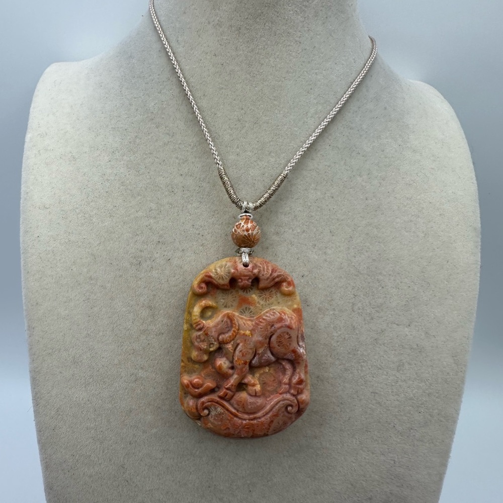 Coral Fossil Bull Pendant Necklace Silver Accent Adjustable Rope - Picture 3 of 9